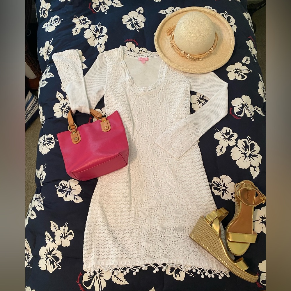 Lilly Pulitzer White Athena Resort Crochet Sweater Dress L